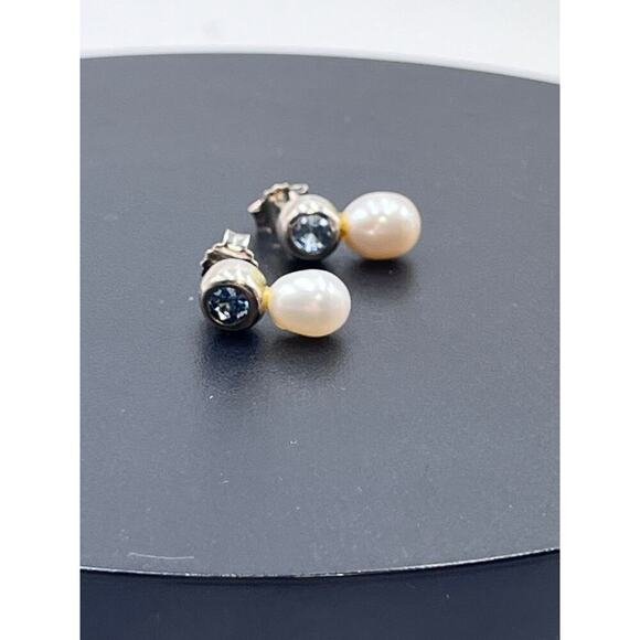 Signed‎ Designer 925 Sterling Silver Round Blue Topaz Drop Pierced Earrings - Picture 9 of 11